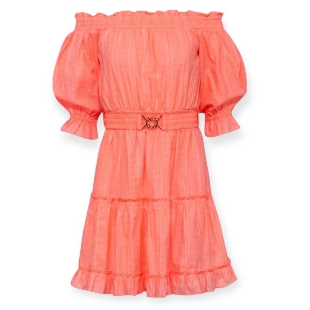 LILLY PULITZER Louisa Dress Papaya Punch Off The Shoulder Belted Tiered Mini NWT - Picture 1 of 13